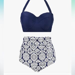 Navy Halter Bikini Top with Patterned Bottom